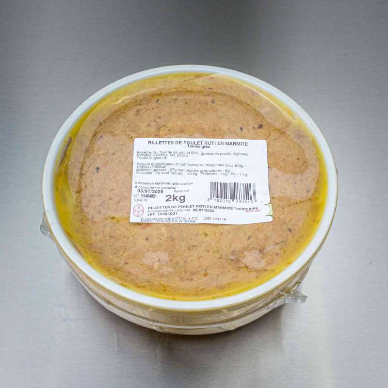 Rillettes de poulet r&ocirc;ti terrine 2 kg | Calidel Pro