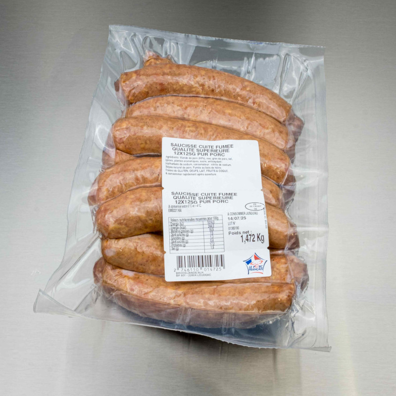 Saucisse fumée cuite supérieure 1kg500 env. (12 saucisses de 125 g) | Calidel Pro Saucisse fumée cuite supérieure 1kg500 env. (12 saucisses de 125 g) | Calidel Pro