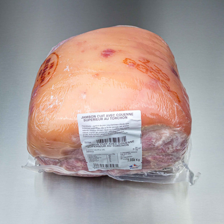 Jambon cuit sup&eacute;rieur avec couenne au torchon 6kg900 env. | Calidel Pro