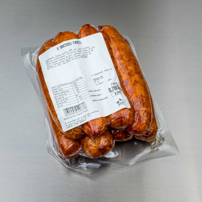 Saucisse fum&eacute;e 750 g env. (8 saucisses de 90 g) | Calidel Pro