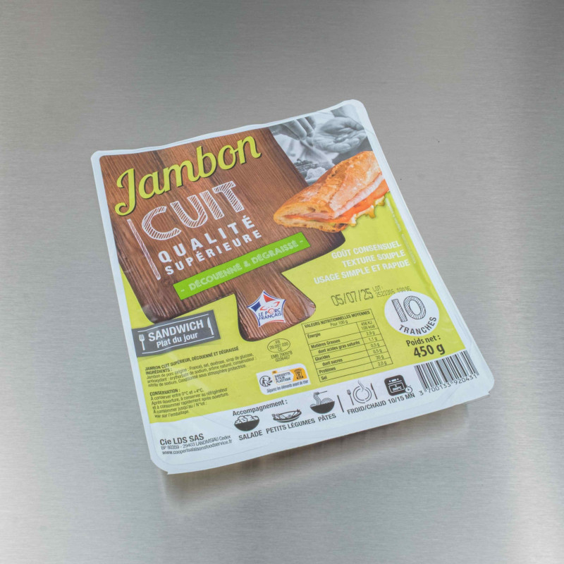 Jambon cuit sup&eacute;rieur d&eacute;couenn&eacute; d&eacute;graiss&eacute; (10 tranches de 45 g) | Calidel Pro