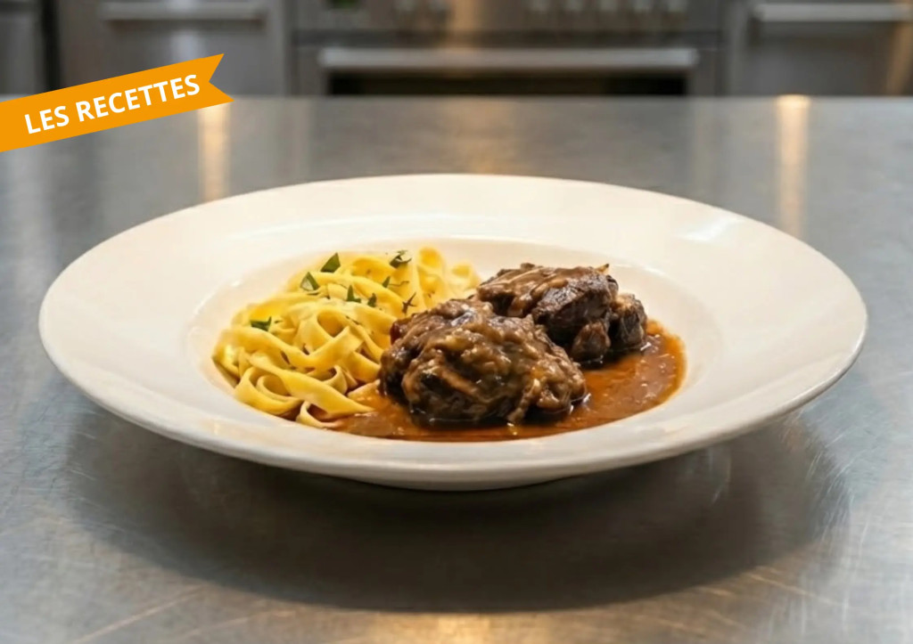 Noix de joue de porc brais&eacute;e &agrave; la bi&egrave;re et tagliatelles fra&icirc;ches