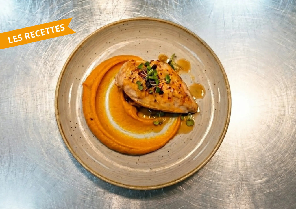 Supr&ecirc;me de poulet basse temp&eacute;rature, pur&eacute;e de patates douces