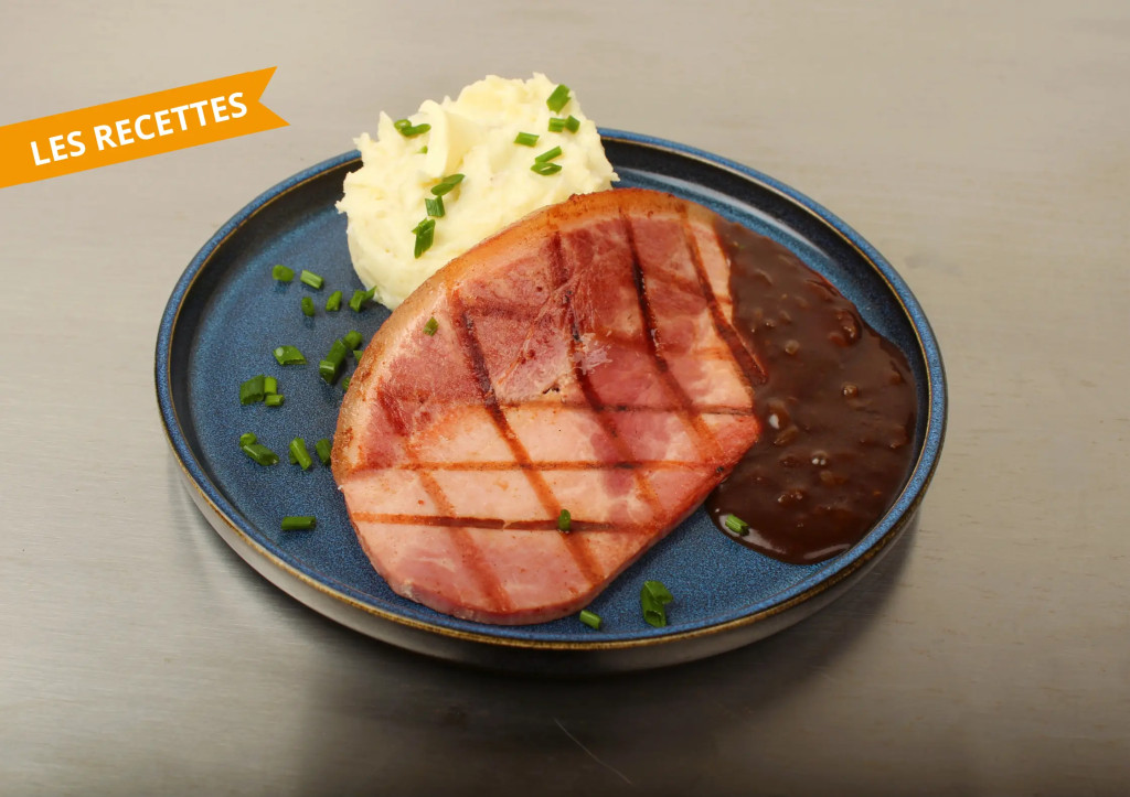 Jambon grill&eacute; &eacute;cras&eacute; de pommes de terre sauce Guinness