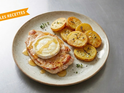 Escalope de dinde ch&egrave;vre miel et pommes de terre rondelles